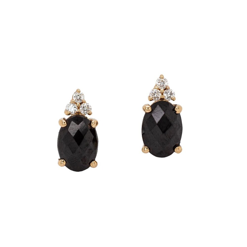 Black Spinel Stud Earrings in 14K Solid gold with Natural Diamond Accents